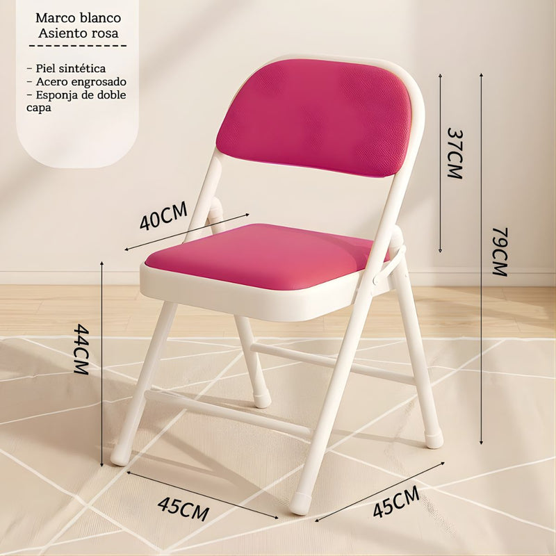 Silla metálica Plegable Reforzada en Acero (79×45×45cm). Marco Blanco y Asiento rosado. Esponja de Doble Capa y Revestimiento PU.