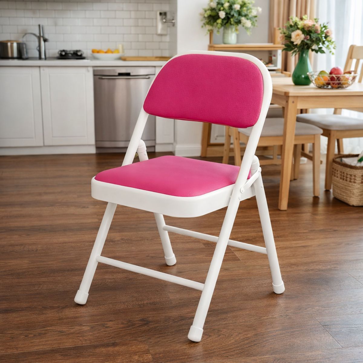 Silla metálica Plegable Reforzada en Acero (79×45×45cm). Marco Blanco y Asiento rosado. Esponja de Doble Capa y Revestimiento PU.