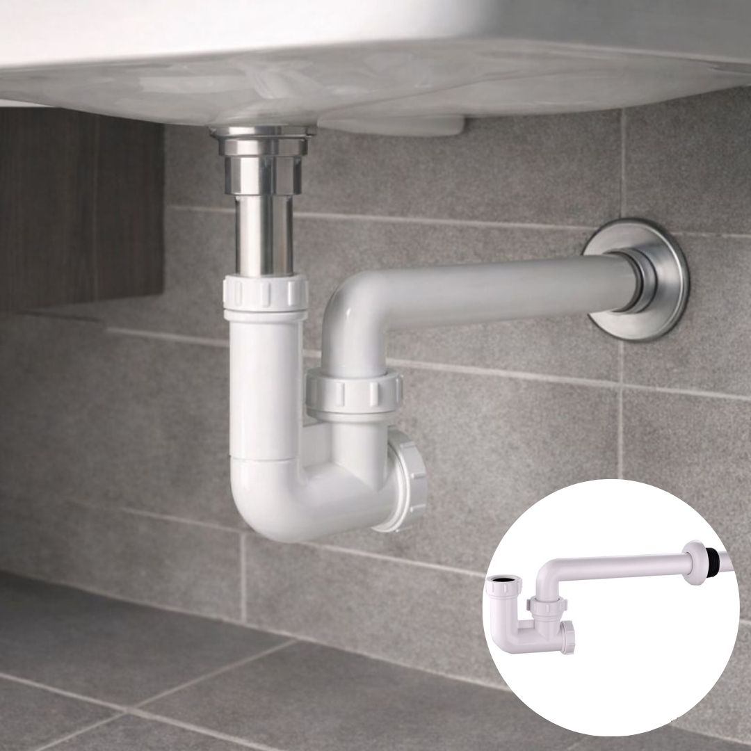 Trampa Sifón De Lavamanos 1 1/4". Tubo Rígido En PVC Blanco Con Salida A Pared Y Conexiones Ajustables. Drenaje Antifugas.