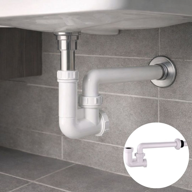 Trampa Sifón De Lavamanos 1 1/4". Tubo Rígido En PVC Blanco Con Salida A Pared Y Conexiones Ajustables. Drenaje Antifugas.