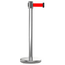 Poste Separador Para control de filas (90×32cm). Cinta retráctil roja de 2mts. Estructura de Acero Inoxidable. Base Circular Estable.