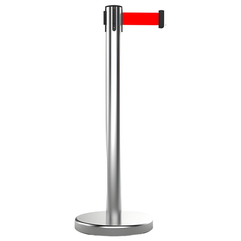 Poste Separador Para control de filas (90×32cm). Cinta retráctil roja de 2mts. Estructura de Acero Inoxidable. Base Circular Estable.