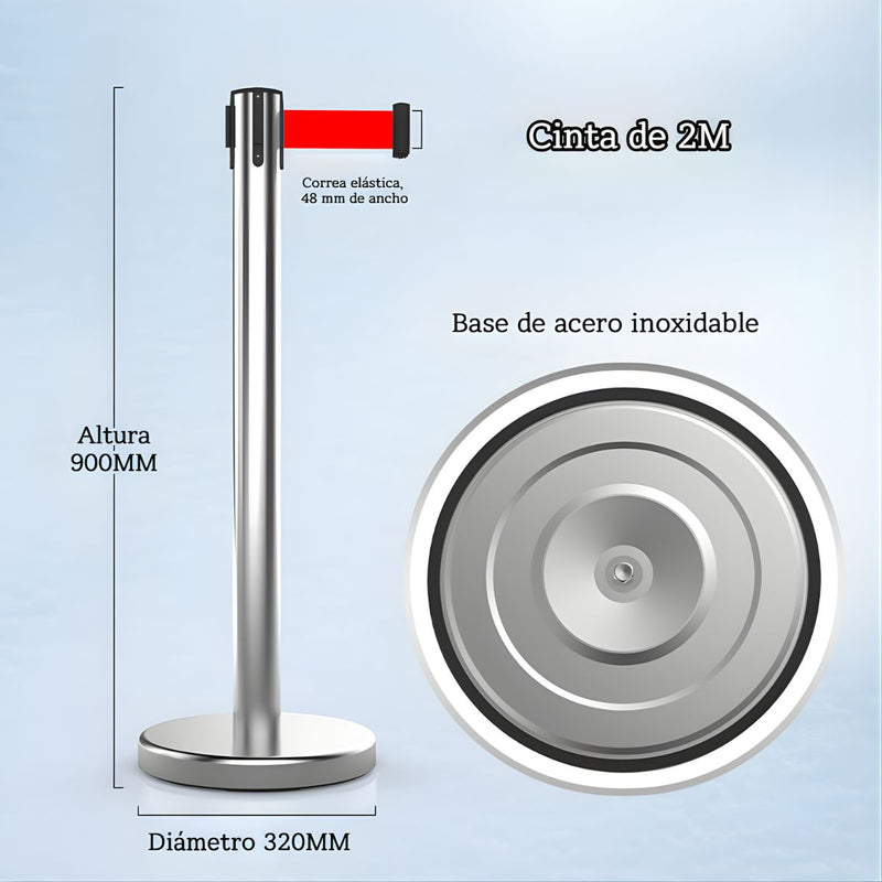 Poste Separador Para control de filas (90×32cm). Cinta retráctil roja de 2mts. Estructura de Acero Inoxidable. Base Circular Estable.