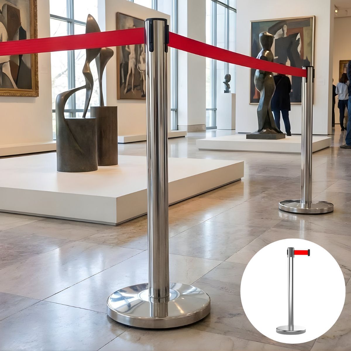 Poste Separador Para control de filas (90×32cm). Cinta retráctil roja de 2mts. Estructura de Acero Inoxidable. Base Circular Estable.
