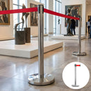 Poste Separador Para control de filas (90×32cm). Cinta retráctil roja de 2mts. Estructura de Acero Inoxidable. Base Circular Estable.