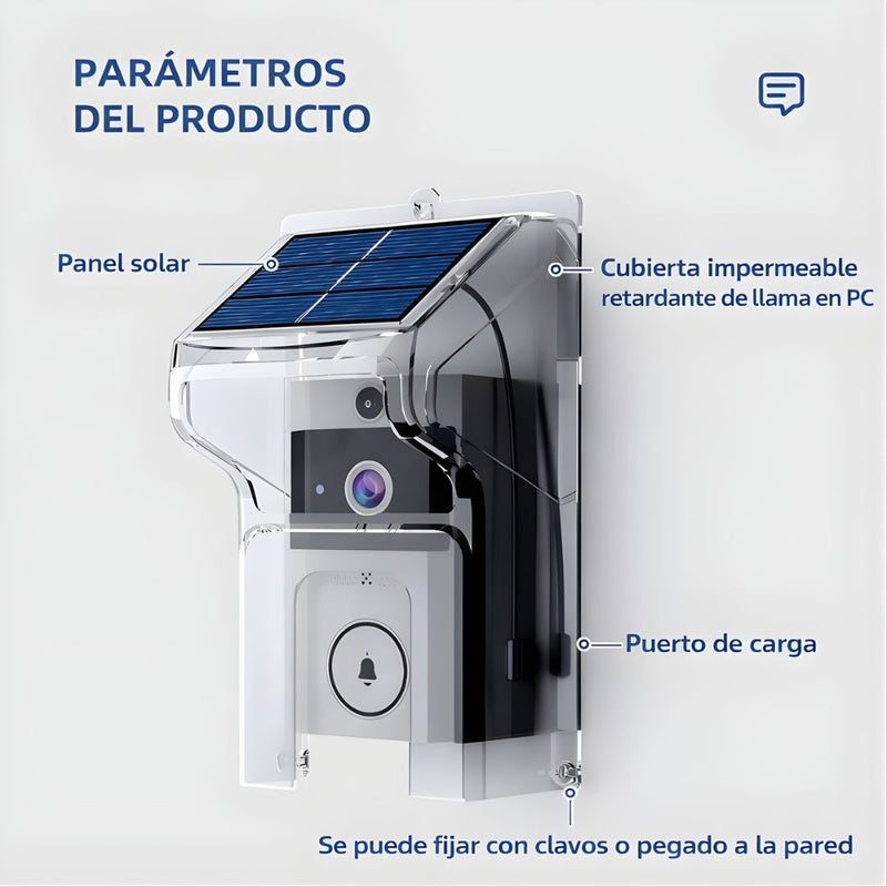 Timbre Inteligente con Cámara WiFi y Panel Solar. Video Portero Inalámbrico con Visión Nocturna, Audio Bidireccional y Monitoreo con app. Incluye covertor anti lluvia exteriores