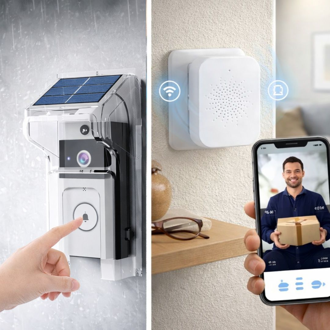 Timbre Inteligente con Cámara WiFi y Panel Solar. Video Portero Inalámbrico con Visión Nocturna, Audio Bidireccional y Monitoreo con app. Incluye covertor anti lluvia exteriores