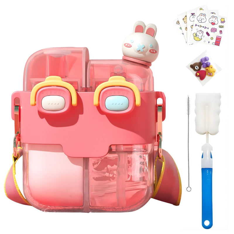 Botella agua Infantil de Doble Compartimento 530ml. Vaso con Boquilla Pop-Up Antiderrames. Incluye Stickers Decorativos 3D y Cepillo. Color Rosado.