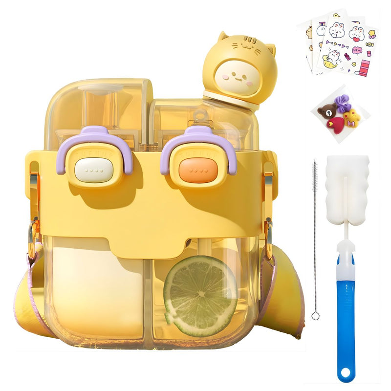 Botella agua Infantil de Doble Compartimento 530ml. Vaso con Boquilla Pop-Up Antiderrames. Incluye Stickers Decorativos 3D y Cepillo. Color amarillo.