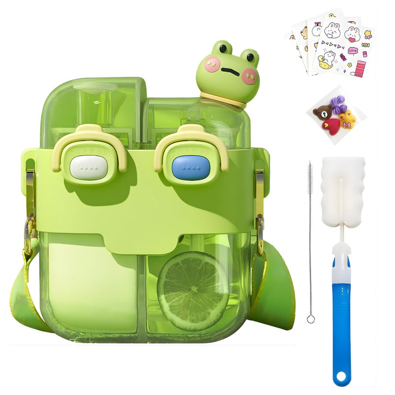 Botella agua Infantil de Doble Compartimento 530ml. Vaso con Boquilla Pop-Up Antiderrames. Incluye Stickers Decorativos 3D y Cepillo. Color verde.