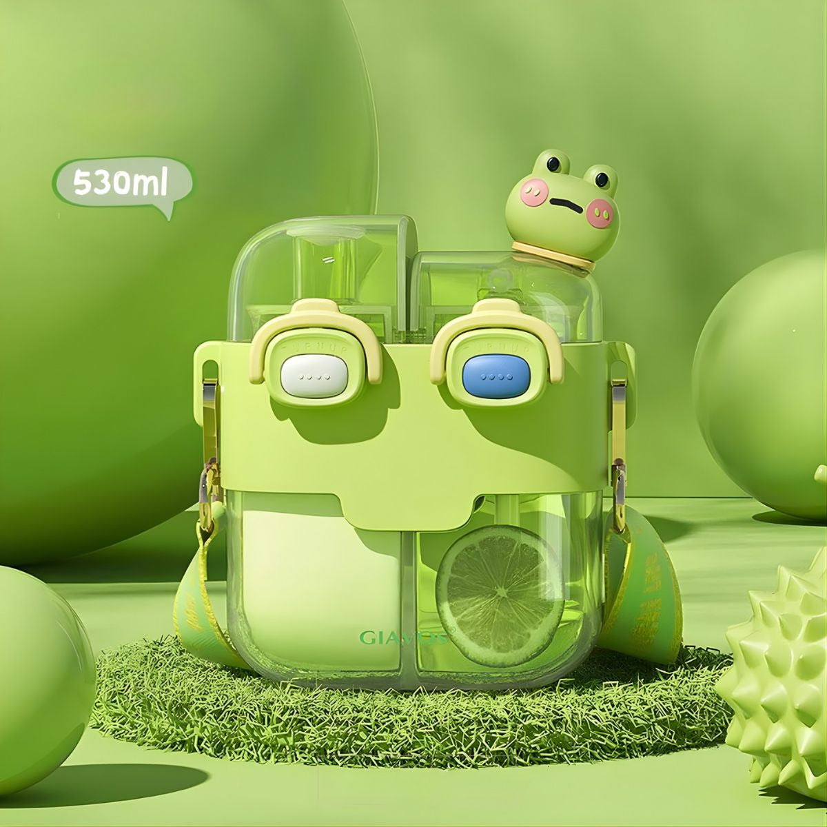 Botella agua Infantil de Doble Compartimento 530ml. Vaso con Boquilla Pop-Up Antiderrames. Incluye Stickers Decorativos 3D y Cepillo. Color verde.