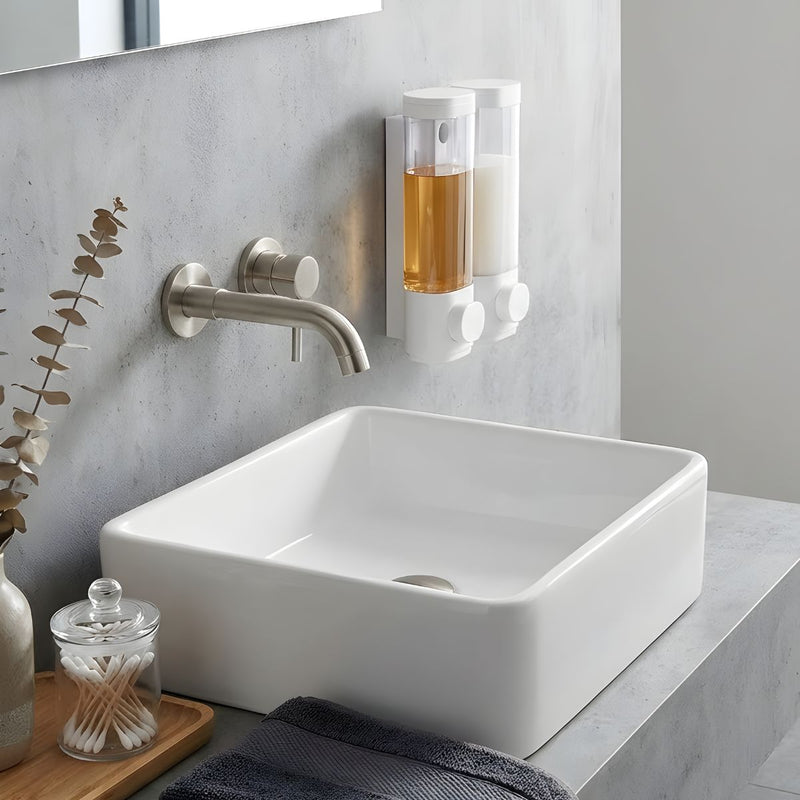 Dispensador de Jabón líquido 600 ml.  Doble Dosificador de shampoo o gel para Pared de Baño o Ducha. Color Blanco.