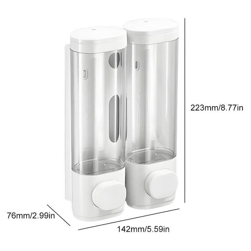 Dispensador de Jabón líquido 600 ml.  Doble Dosificador de shampoo o gel para Pared de Baño o Ducha. Color Blanco.