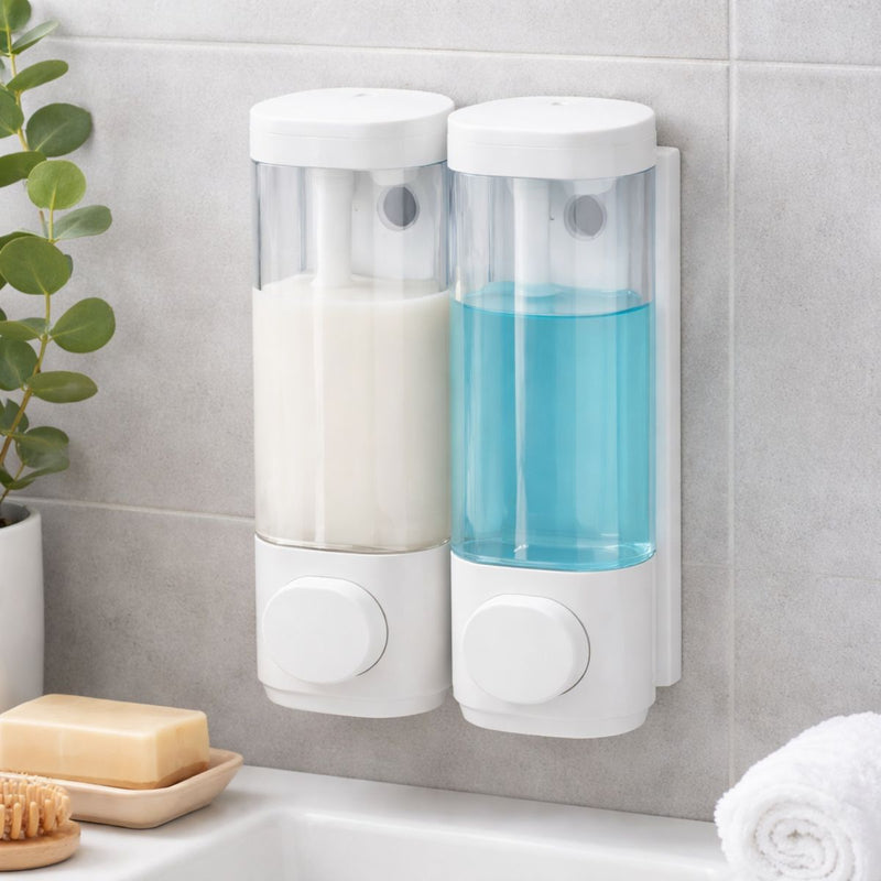 Dispensador de Jabón líquido 600 ml.  Doble Dosificador de shampoo o gel para Pared de Baño o Ducha. Color Blanco.