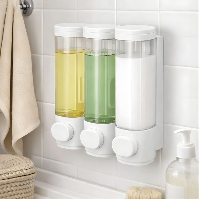 Dispensador de Jabón líquido 900 ml.  Triple Dosificador de shampoo o gel para Pared de Baño o Ducha. Color Blanco.