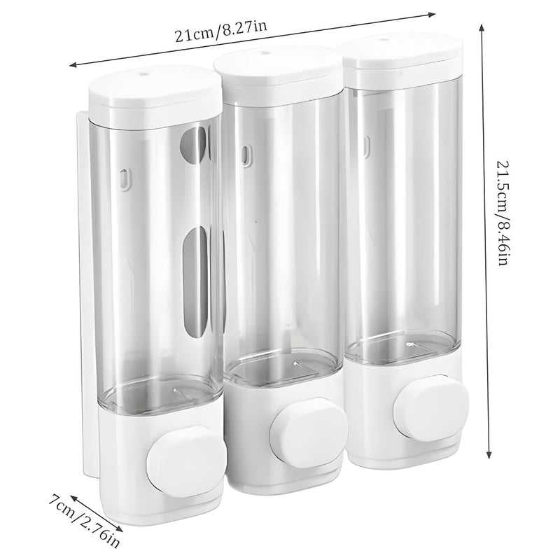 Dispensador de Jabón líquido 900 ml.  Triple Dosificador de shampoo o gel para Pared de Baño o Ducha. Color Blanco.