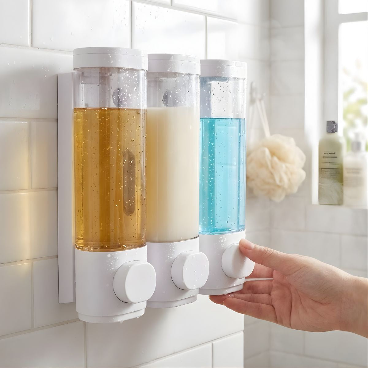 Dispensador de Jabón líquido 900 ml.  Triple Dosificador de shampoo o gel para Pared de Baño o Ducha. Color Blanco.