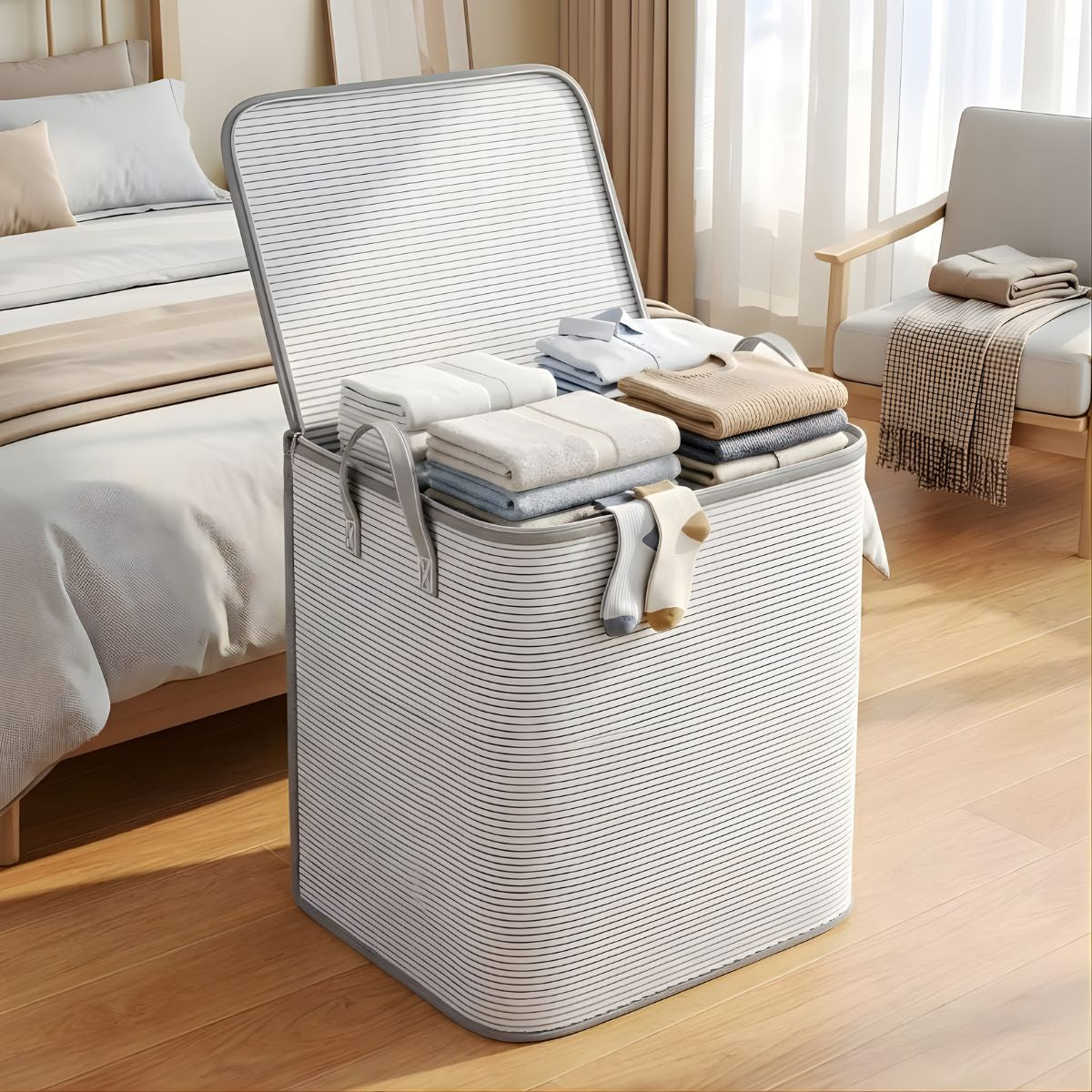 Cesto Organizador de Ropa con Tapa y Cierre. Canasta Multiuso Plegable para Lavandería y Dormitorio (50×35×46cm). Color Gris a Rayas.
