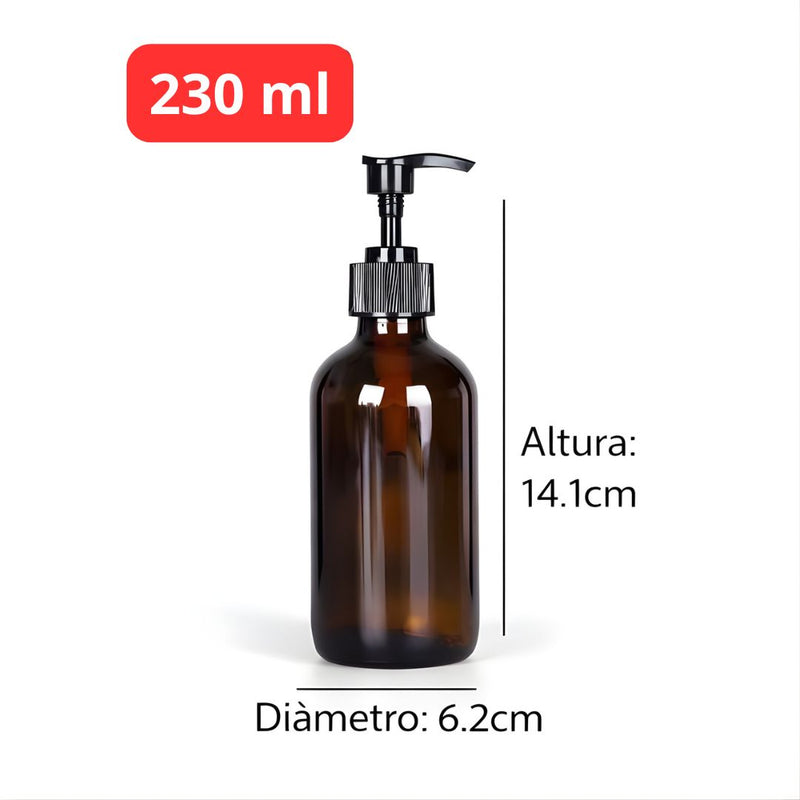 Botella Dispensadora de Vidrio Ámbar con Bomba Dosificadora. Dispensador de líquido recargable (230ml).