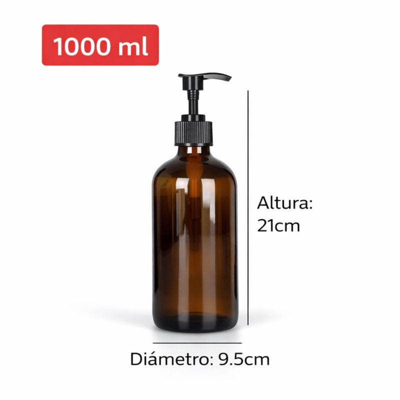Botella Dispensadora de Vidrio Ámbar con Bomba Dosificadora. Dispensador de líquido recargable (1000ml).