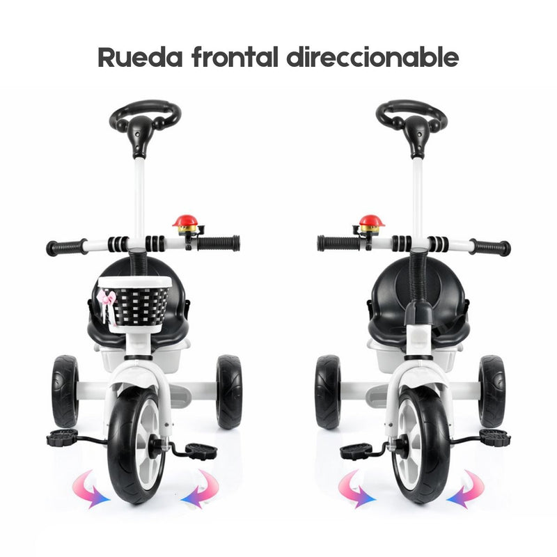 Triciclo Infantil de Empuje con Asiento Ajustable y Barra de Dirección. Bicicleta para Bebés de 1 a 5 Años con Pedales Antideslizantes. Color Blanco.