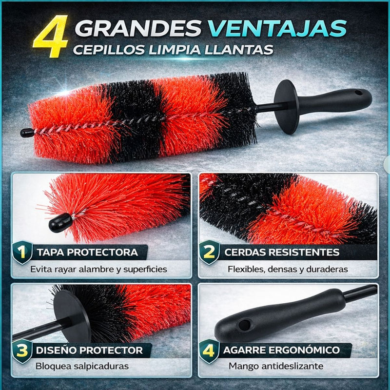 Cepillo de Limpieza para Llantas y Rines de Auto, Cerdas PU Resistentes, Mango Antideslizante. Limpieza Profunda detailing Neumáticos y Motor