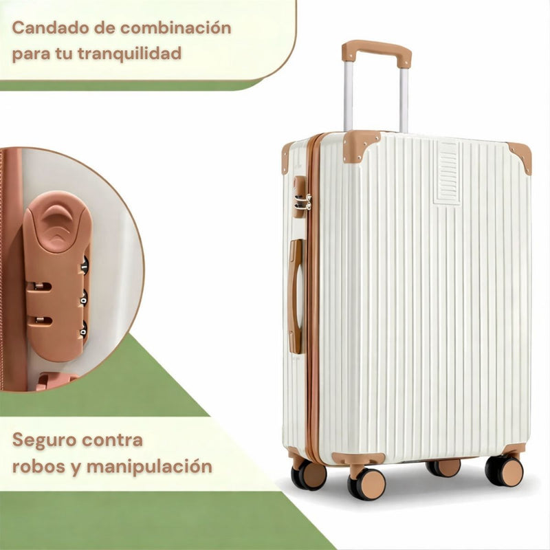 Maleta de Viaje Rígida Retro con Puerto USB y Portavasos. Equipaje de Mano con candado de combinación  24” con Ruedas Giratorias 360°