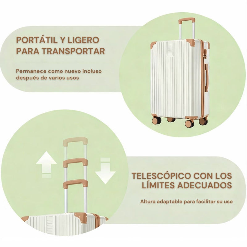 Maleta de Viaje Rígida Retro con Puerto USB y Portavasos. Equipaje de Mano con candado de combinación  20” con Ruedas Giratorias 360°