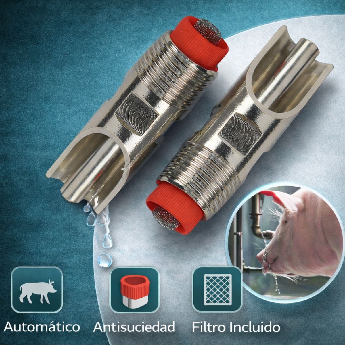 Bebedero Automático para Cerdos de Acero Inoxidable. Válvula boquilla Tipo Pico de Pato con Filtro Y Salida de Agua 360° Antifugas y Ahorro de Agua