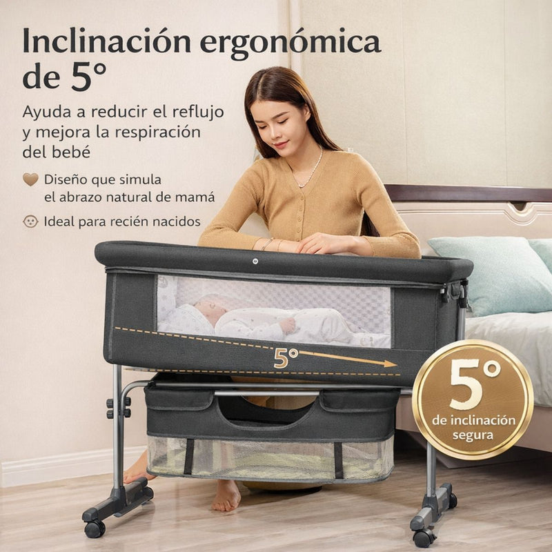 Cuna Colecho para Bebé Multifuncional con Ruedas. Cuna Moisés Ajustable en Altura con Balanceo y Antirreflujo. Cama Auxiliar para Dormitorio. Color  Gris