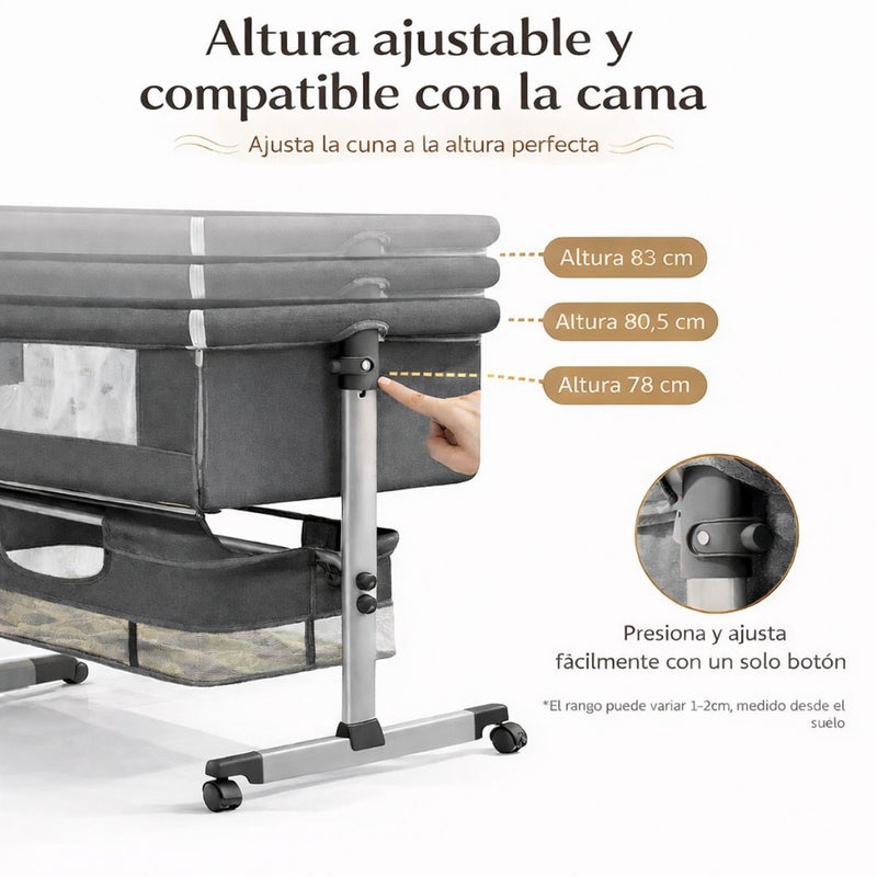 Cuna Colecho para Bebé Multifuncional con Ruedas. Cuna Moisés Ajustable en Altura con Balanceo y Antirreflujo. Cama Auxiliar para Dormitorio. Color  Gris