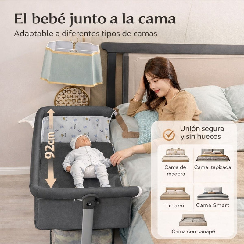 Cuna Colecho para Bebé Multifuncional con Ruedas. Cuna Moisés Ajustable en Altura con Balanceo y Antirreflujo. Cama Auxiliar para Dormitorio. Color  Gris