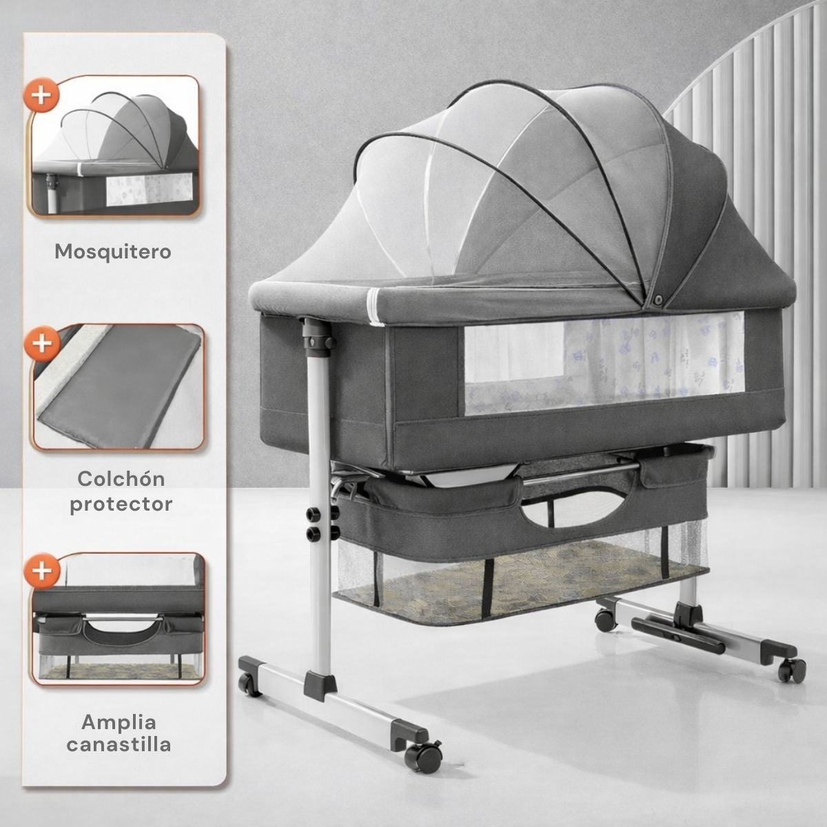 Cuna Colecho para Bebé Multifuncional con Ruedas. Cuna Moisés Ajustable en Altura con Balanceo y Antirreflujo. Cama Auxiliar para Dormitorio. Color  Gris