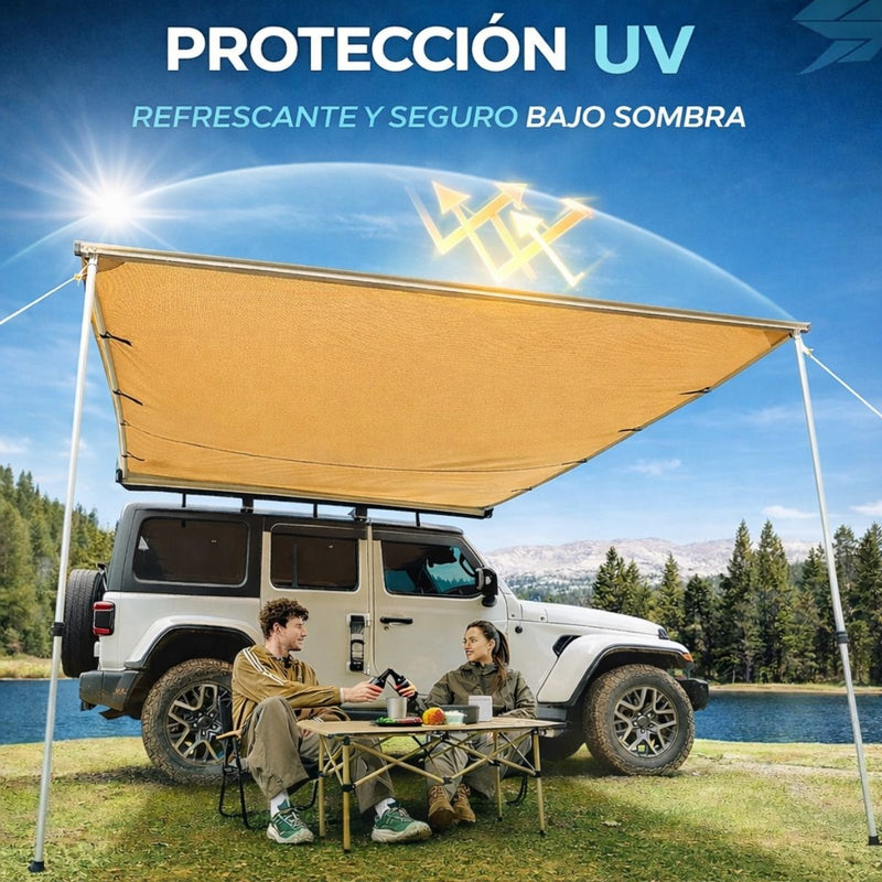 Toldo Lateral para Auto 4x4 SUV Pickup con Brazo de Aluminio y Tela Oxford Impermeable, Protección  UV.Parasol Para Automóvil. Color Khaki. 2x3m