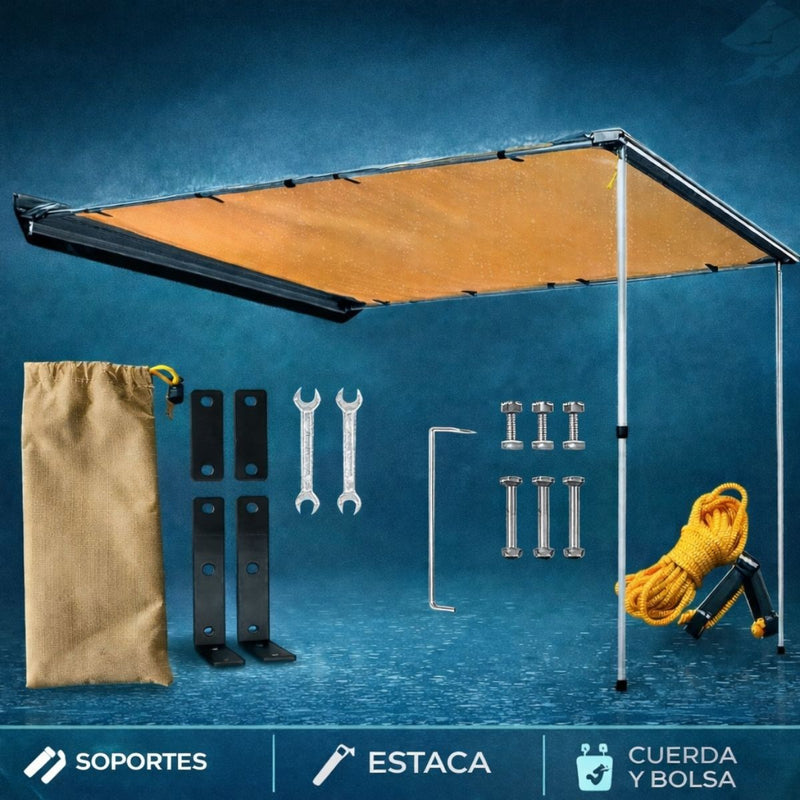 Toldo Lateral para Auto 4x4 SUV Pickup con Brazo de Aluminio y Tela Oxford Impermeable, Protección  UV.Parasol Para Automóvil. Color Khaki. 2x3m