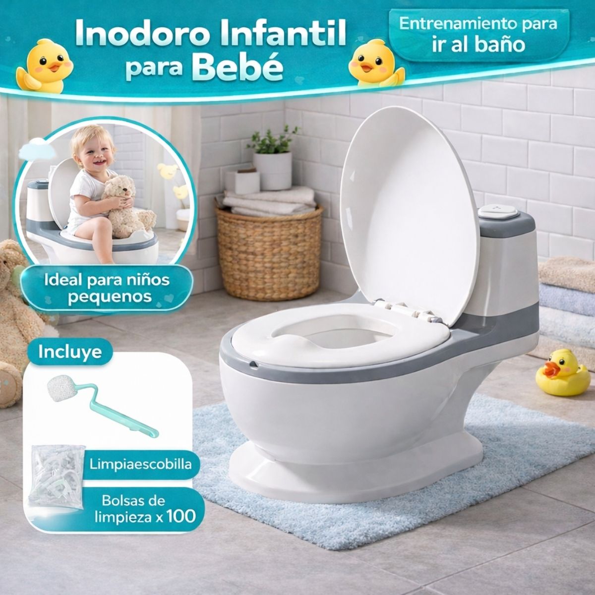 Inodoro Portátil Infantil con Bolsas Desechables Y Escobilla. Orinal para Bebés y Niños De Plástico PP Seguro Y Fácil Limpieza. Soporta hasta 50 kg