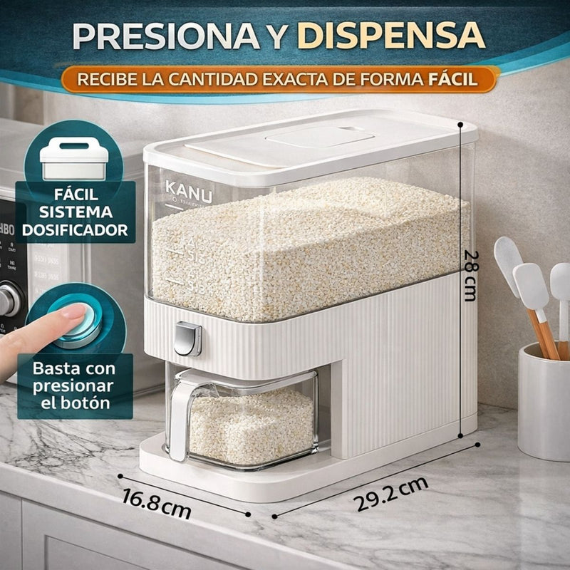 Dispensador de Arroz Hermético 5 kg con Botón Dosificador. Contenedor de Granos a Prueba de Humedad e Insectos. 16.8*29.2*28