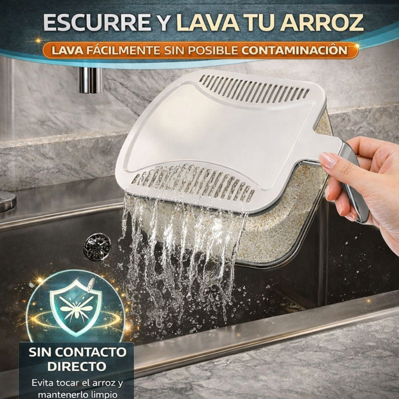 Dispensador de Arroz Hermético 5 kg con Botón Dosificador. Contenedor de Granos a Prueba de Humedad e Insectos. 16.8*29.2*28