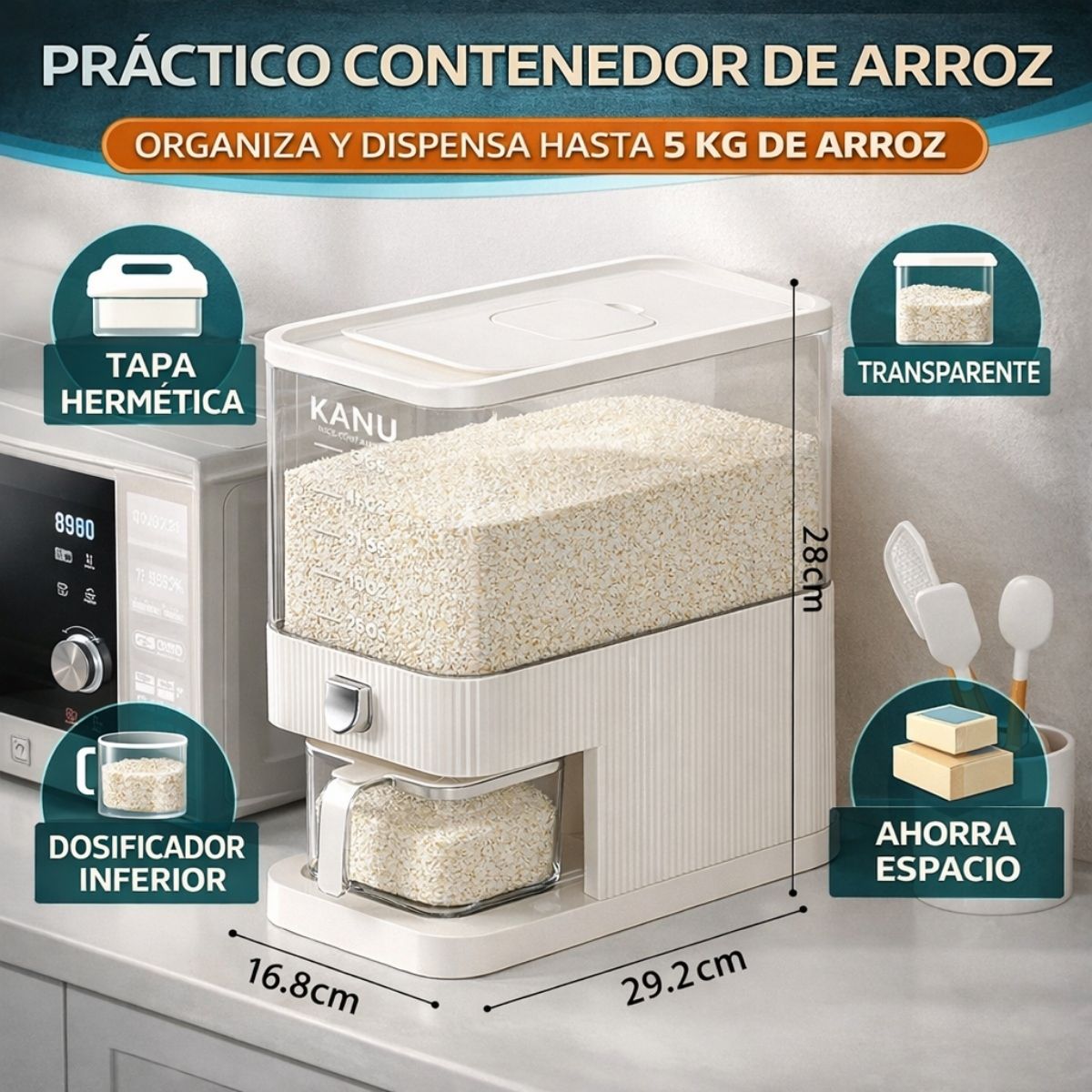 Dispensador de Arroz Hermético 5 kg con Botón Dosificador. Contenedor de Granos a Prueba de Humedad e Insectos. 16.8*29.2*28