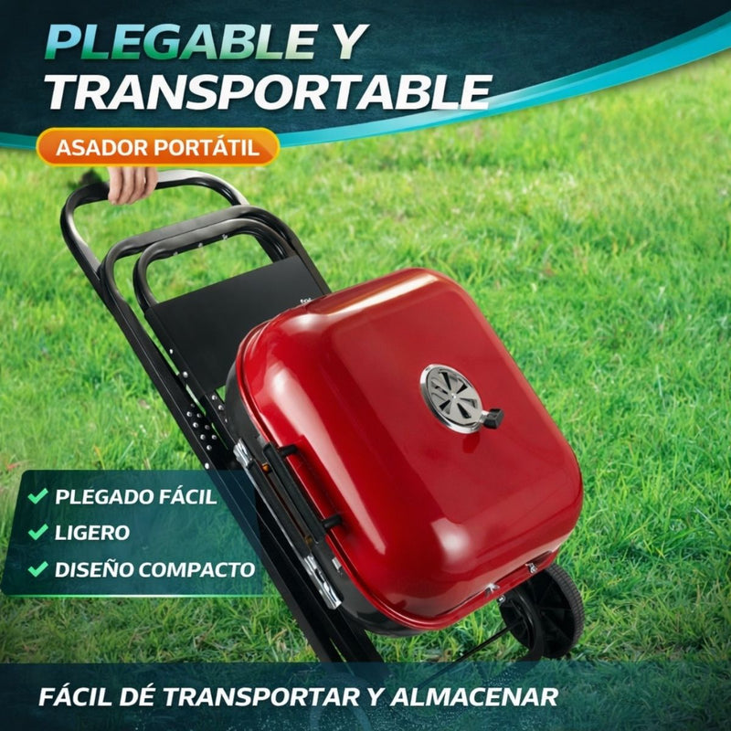 Parrillera BBQ Portátil de Carbón 18” con 53cm x 49cm x 23cm Tapa y Ruedas. Asador Plegable para Camping, Jardín y Exterior