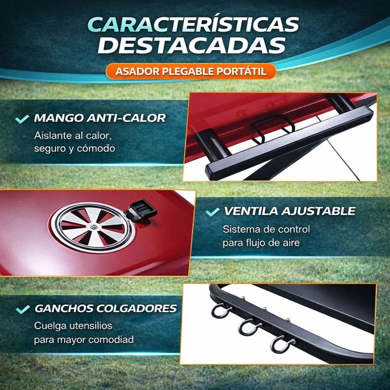 Parrillera BBQ Portátil de Carbón 18” con 53cm x 49cm x 23cm Tapa y Ruedas. Asador Plegable para Camping, Jardín y Exterior