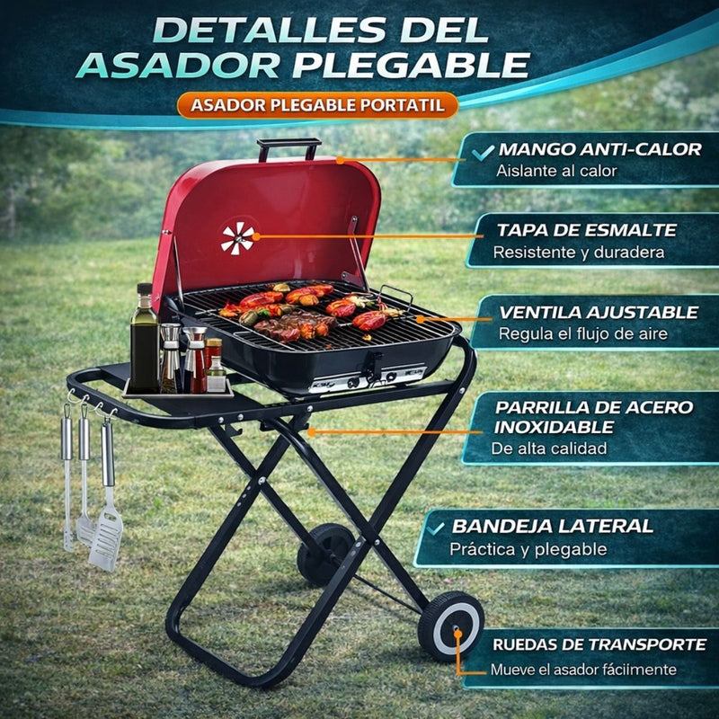 Parrillera BBQ Portátil de Carbón 18” con 53cm x 49cm x 23cm Tapa y Ruedas. Asador Plegable para Camping, Jardín y Exterior