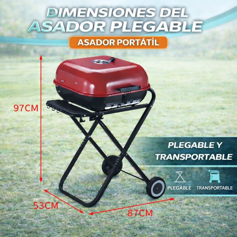Parrillera BBQ Portátil de Carbón 18” con 53cm x 49cm x 23cm Tapa y Ruedas. Asador Plegable para Camping, Jardín y Exterior