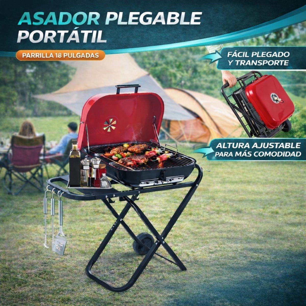 Parrillera BBQ Portátil de Carbón 18” con 53cm x 49cm x 23cm Tapa y Ruedas. Asador Plegable para Camping, Jardín y Exterior
