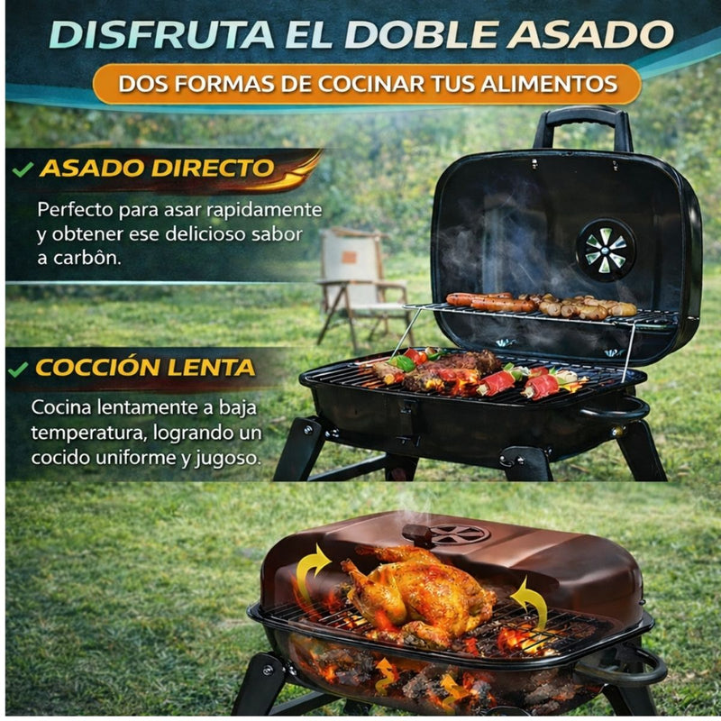 Parrillera de Carbón Portátil Plegable. Asador BBQ con Tapa y Ventilación Ajustable De Acero Pintado Negro (59x39x36cm)