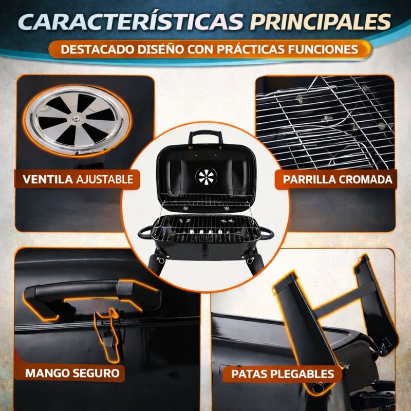 Parrillera de Carbón Portátil Plegable. Asador BBQ con Tapa y Ventilación Ajustable De Acero Pintado Negro (59x39x36cm)
