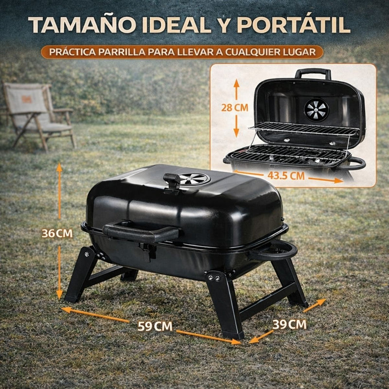 Parrillera de Carbón Portátil Plegable. Asador BBQ con Tapa y Ventilación Ajustable De Acero Pintado Negro (59x39x36cm)