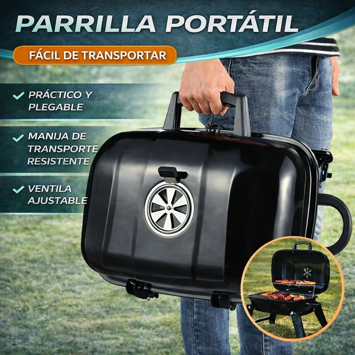 Parrillera de Carbón Portátil Plegable. Asador BBQ con Tapa y Ventilación Ajustable De Acero Pintado Negro (59x39x36cm)