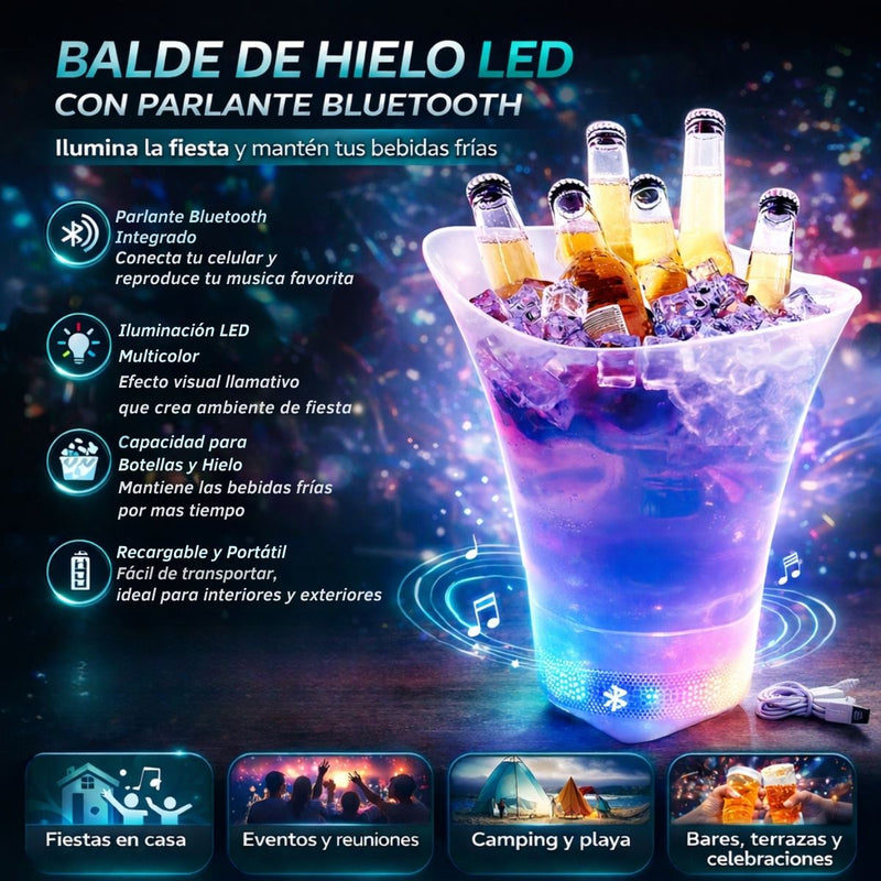 Cubeta para Hielo con Bocina Bluetooth y Luz LED RGB. Hielera Iluminada 5L de Plástico PP Grado Alimenticio. Enfriador de Bebidas para Fiestas, Bar y Eventos
