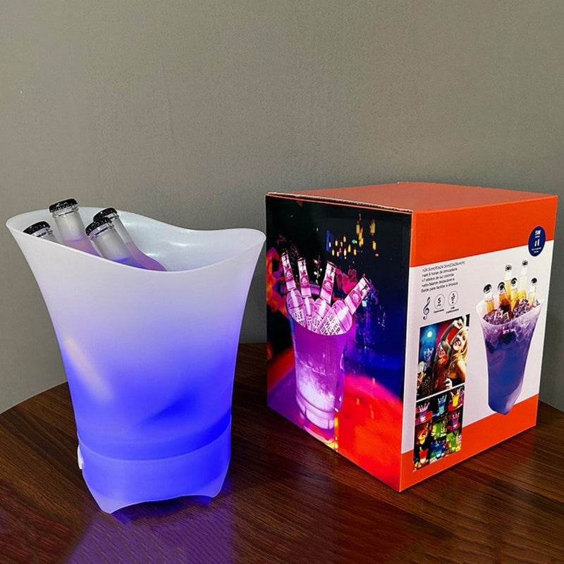 Cubeta para Hielo con Bocina Bluetooth y Luz LED RGB. Hielera Iluminada 5L de Plástico PP Grado Alimenticio. Enfriador de Bebidas para Fiestas, Bar y Eventos